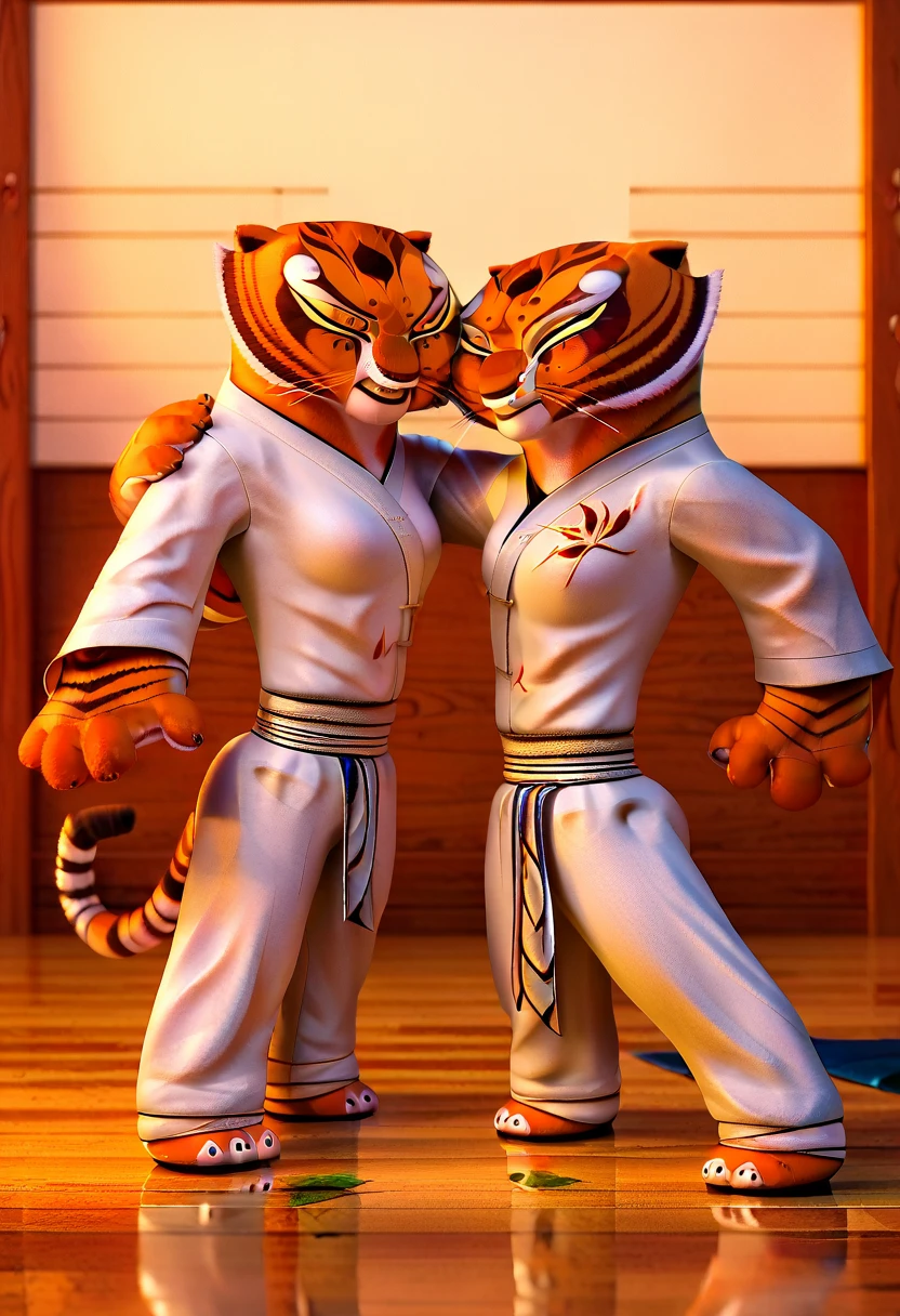 (Caucasian ethnicity) masterpiece , 4k,  high quality, Tigress\(kung fu panda\),  with her ****** sister, dressed as karateka , karate clothes, Martial Arts, Sister shows her secrets inside her karate pants