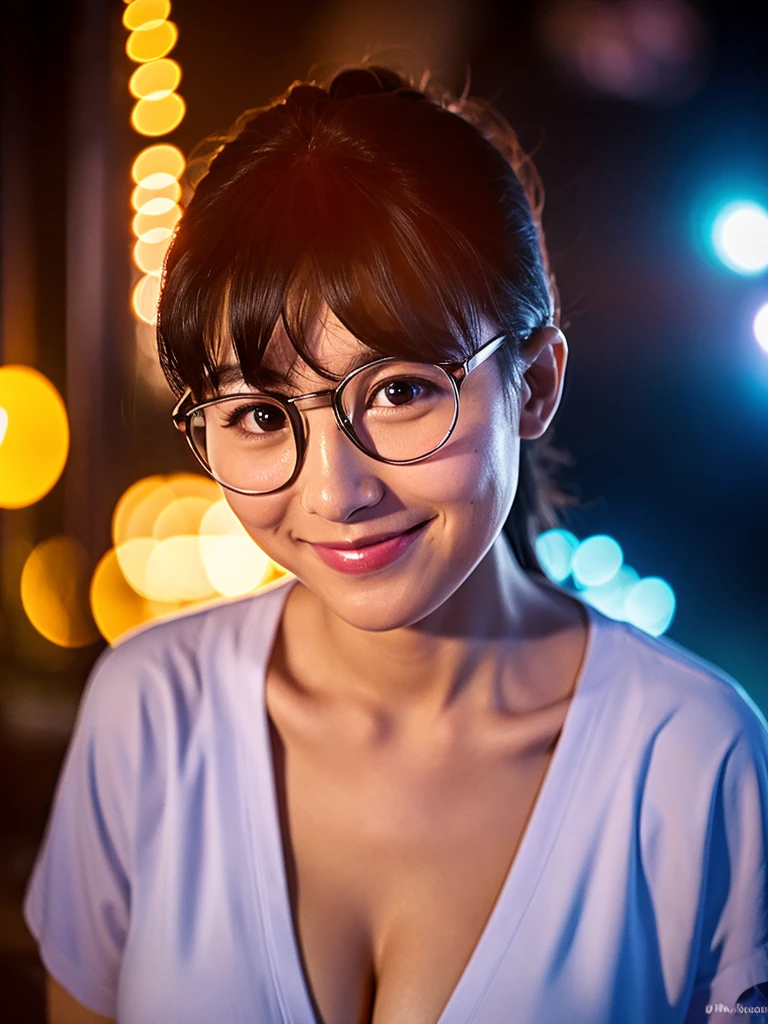 Tamako Nobi, 1girl, Solo, High Resolution, Breasts, Looking at viewer, Blush, Smile, Simple background, Masterpiece, HD, UHD, Large breasts, Depth Of Field, wide angle, full photo, Blending, Cinematic Lighting, glasses 