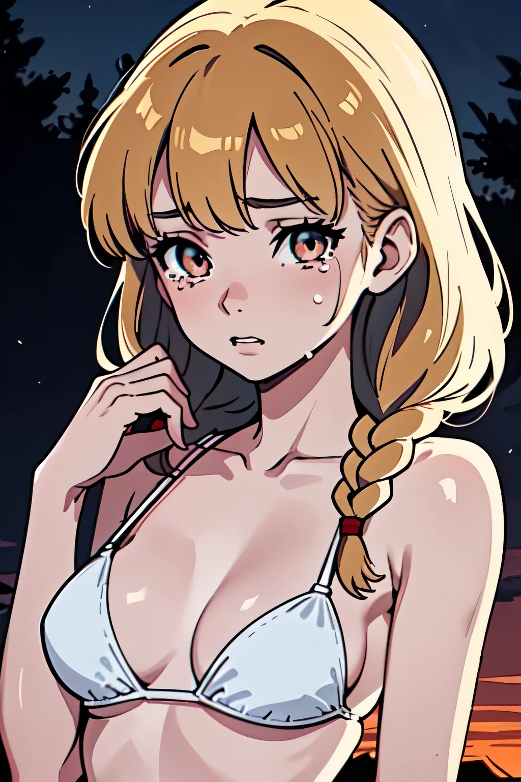 best quality, masterpiece, 1girl, sobbing, (pale skin:1.2), (upper body:1.3), braids hair with bangs, medium breast, white bikini, hands down, savanna, twilight, dusk, solitude