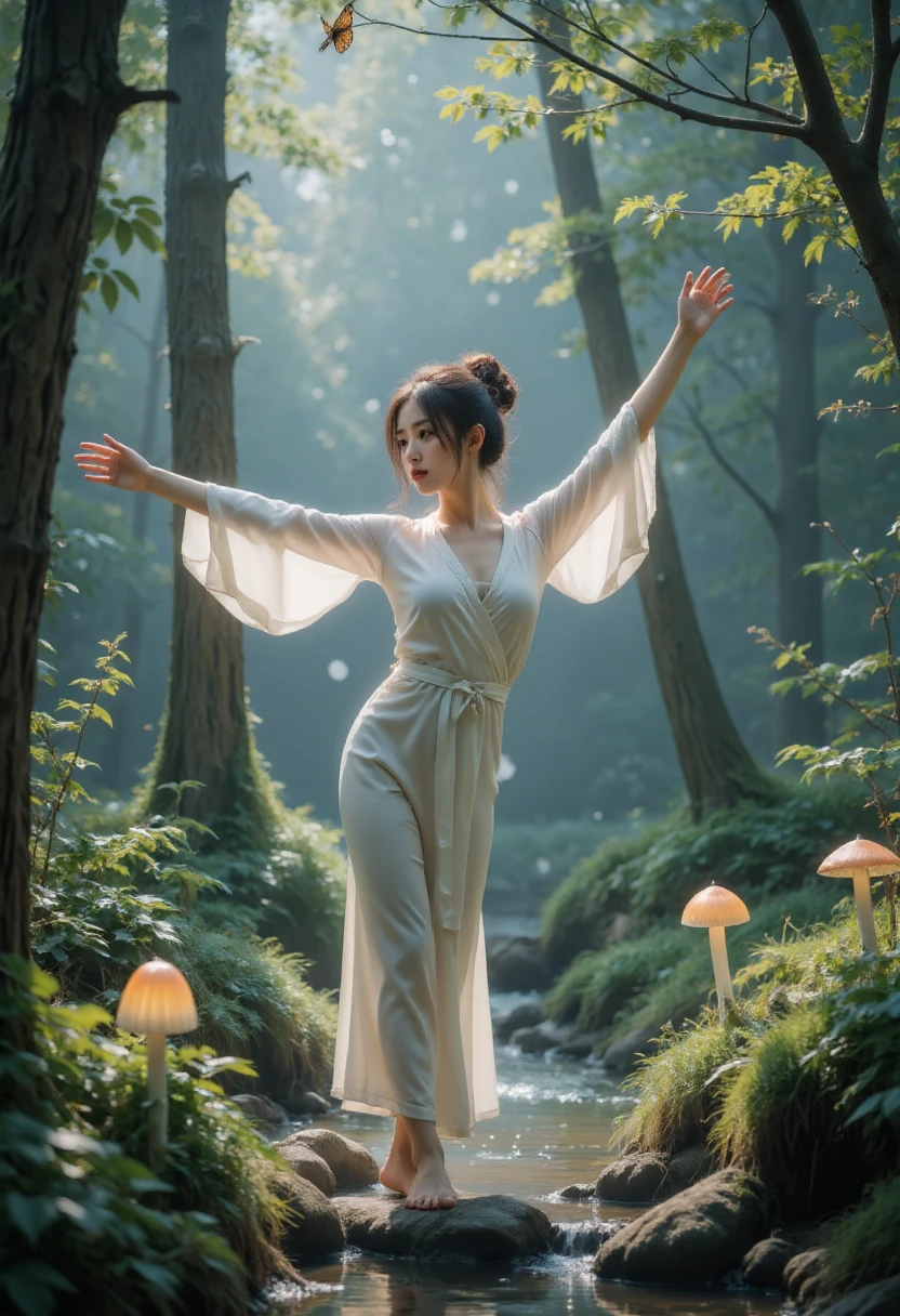 standing split， tight clothes ，Hanfu， masterpiece , the  best quality, Stunning reflections, Optimal reflections. (细节丰富的CG统一8K壁纸), ( best quality), (Best Illustration), ( the best shadows ), forest theme with Natural Elements. Tall trees, Quiet stream, small glowing mushrooms surrounded by Delicate leaves and Branches, with firefly and glowing  particle effect,, (Natural Elements), (Jungle theme), (Leaves), (Branches), (firefly), Butterfly, (Delicate leaves), (glow), ( particle effect). , 等轴测 3D,   octane rendering  ,  ray tracing,   super detailed 