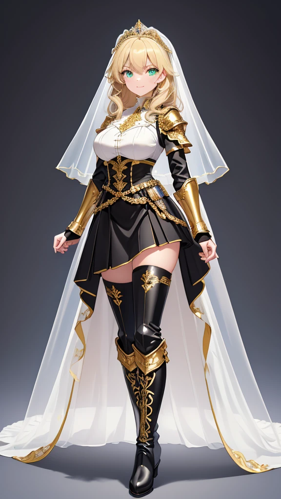 masterpiece, Best Quality, (( no background)),(((short pure white wedding veil))),((black princess knight armor with rich golden ornaments,Full body standing painting of a tall woman )), huge breasts, Bust-length blonde ,wavy hair,Pale skin,A kind smile,closed mouth,Green Eyes, Belt pouch on waist, ((( Black Thigh-High Boots ,Black Gauntlets, black skirt))),A thin curved hanging line ,  holding nothing in hand, Arched eyebrows,Young lady,