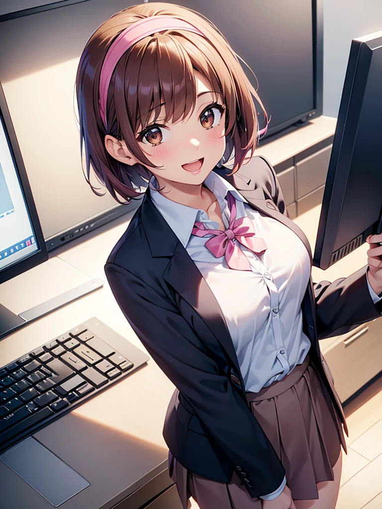 4K,cute, Brown Eyes ,Brown Hair,20-year-old woman,solo, OL suit and skirt , wearing a pink hair band,Open mouth smiling,B Cup, short hair,Use a computer at the office,