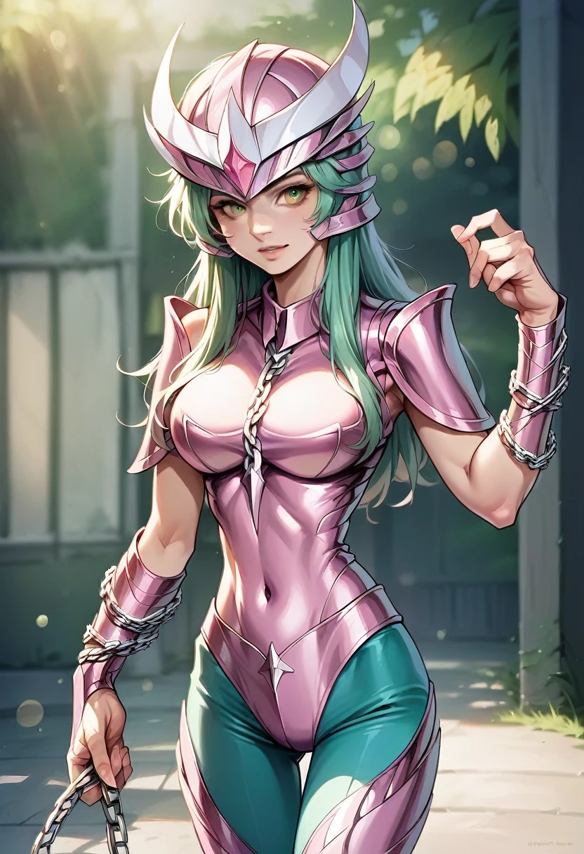 girl, krface1, (MASTERPIECE:1.2),(REALISTIC:1.4),8K,solo, (detail skin:1),realistic skin texture,best lighting,ฺStand up, best quality, photorealistic, masterpiece, 8k, high res, solo, (professional lighting, bokeh), extremely detailed face, Andromeda Shun holding a chain, looking at the camera,((wearing a pink helmet)), ((Girl wearing pink full armor)), green pants, female focus, ashionable and trendy atmosphere, big boobs, ultra realistic, realism, cosplay