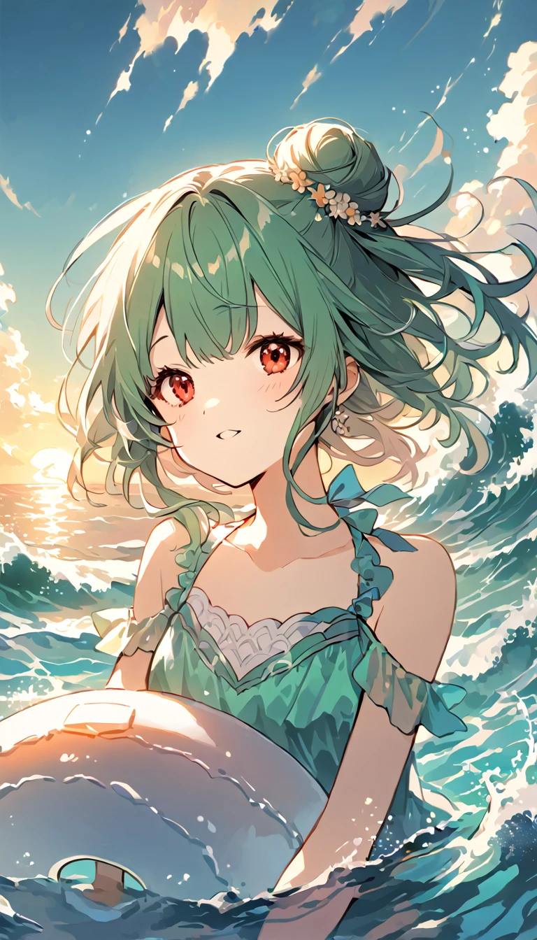 (((Young Girl)))、(( 1 girl)),( Red Eyes),（Short stature）,(( emerald green hair ))、( bun hair)、Young appearance、(( swimsuit))、In the water、One side of the sea、(((Girl ride on the innertube)))、Vector art、spirit of the wind、Backlight、Bright in backlight、Sun behind、Summer sky、cumulonimbus、Narrowed eyes and a happy look、cheek、The waves splash and the water shines beautifully.