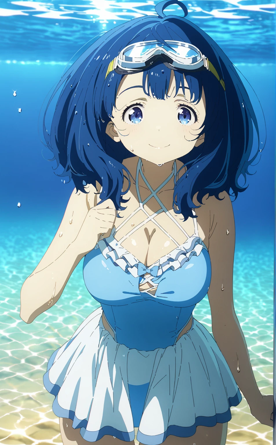 yanamianna, medium hair, ahoge, large breasts,blue hair,, smile, (dress swimsuit:1.2), blue swimsuit, frilled swimsuit, cross neck strings, cleavage, sexy poses, (swimming goggles:1.3), shiny skin, gleaming skin, wet, from front, cowboy shot, best quality, high quality, ultra-detailed, high resolution, detailed backgroud, solo, alone,