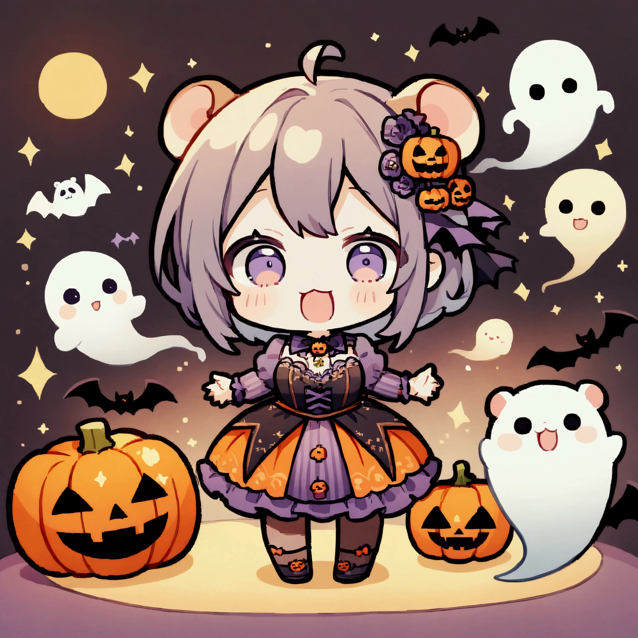 handicraft artwork,patchwork,cloth,button,Felt fabric,Embroidery thread,Handicrafts with a warm and gentle atmosphere,(Halloween,A girl dressed up as a hamster laughs,Chibi, full body, pumpkin,ghost silhouette,Bats),A dream-like sight,rustic colors,intricate details,artwork,Three-dimensional