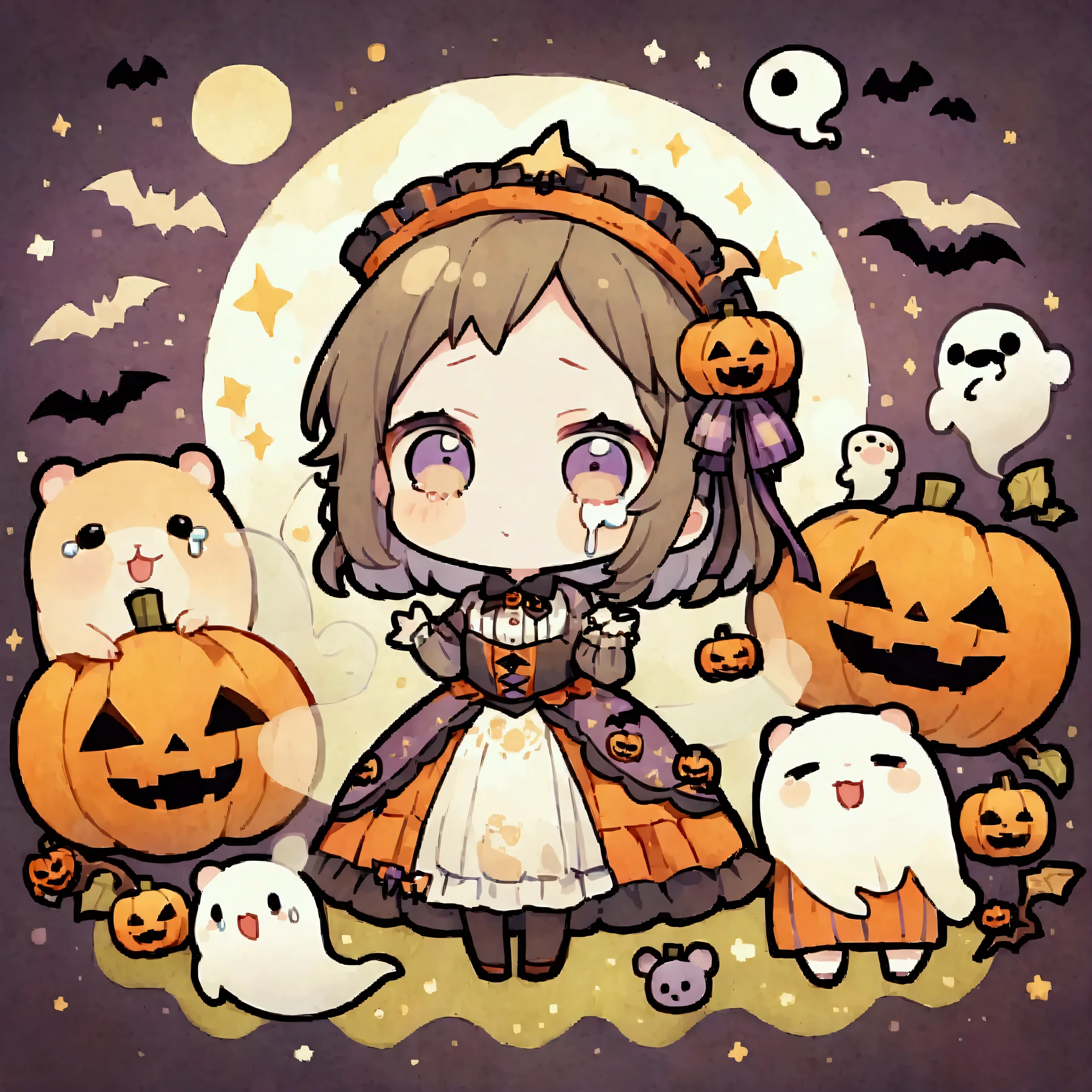 handicraft artwork,patchwork,cloth,button,Felt fabric,Embroidery thread,Handicrafts with a warm and gentle atmosphere,(Halloween,A girl dressed up as a hamster is crying,Chibi, full body, pumpkin,ghost silhouette,Bats),A dream-like sight,rustic colors,intricate details,artwork,Three-dimensional