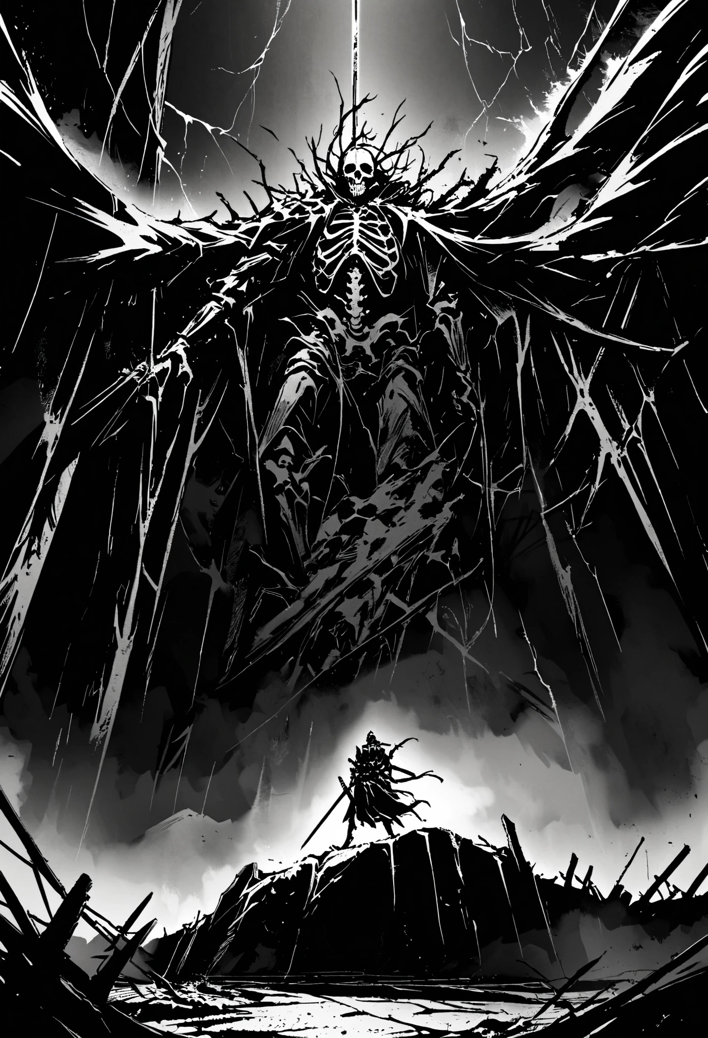 Amidst the desolate ruins , Samurai holding up a sword and standing on a giant rock represented by art as a skeleton, theirm and somber images unfold against a dark background .