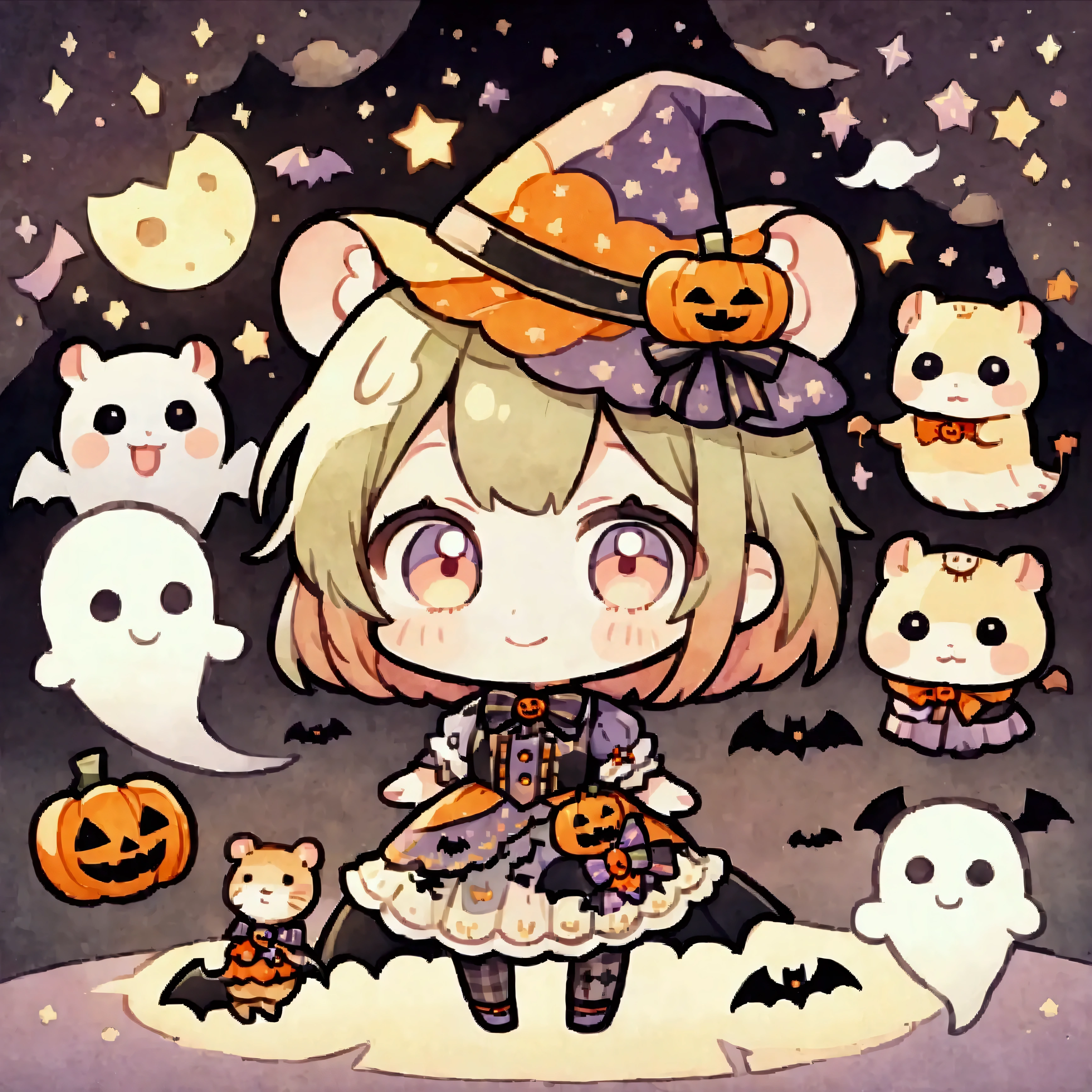 handicraft artwork,patchwork,cloth,button,Felt fabric,Embroidery thread,Handicrafts with a warm and gentle atmosphere,(Halloween,A girl dressed up as a hamster smiles,Chibi, full body,ghost silhouette,Bats),A dream-like sight,rustic colors,intricate details,artwork,Three-dimensional