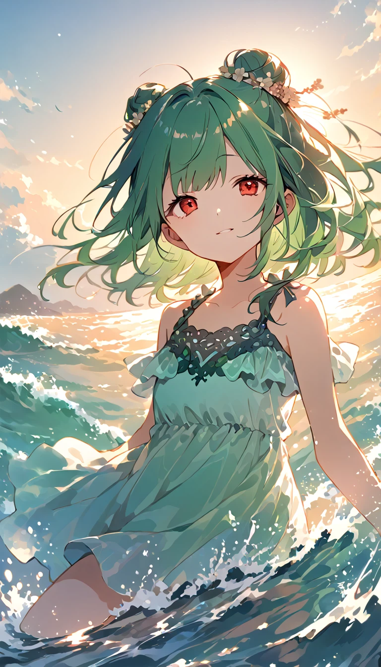 (((Young Girl)))、(( 1 girl)),( Red Eyes),（Short stature）,(Slanted Eyes),(( emerald green hair ))、( bun hair)、Young appearance、(( swimsuit))、In the water、One side of the sea、(((Girl ride on the innertube)))、Vector art、spirit of the wind、Backlight、Bright in backlight、Sun behind、Summer sky、cumulonimbus、Narrowed eyes and a happy look、cheek、The waves splash and the water shines beautifully.