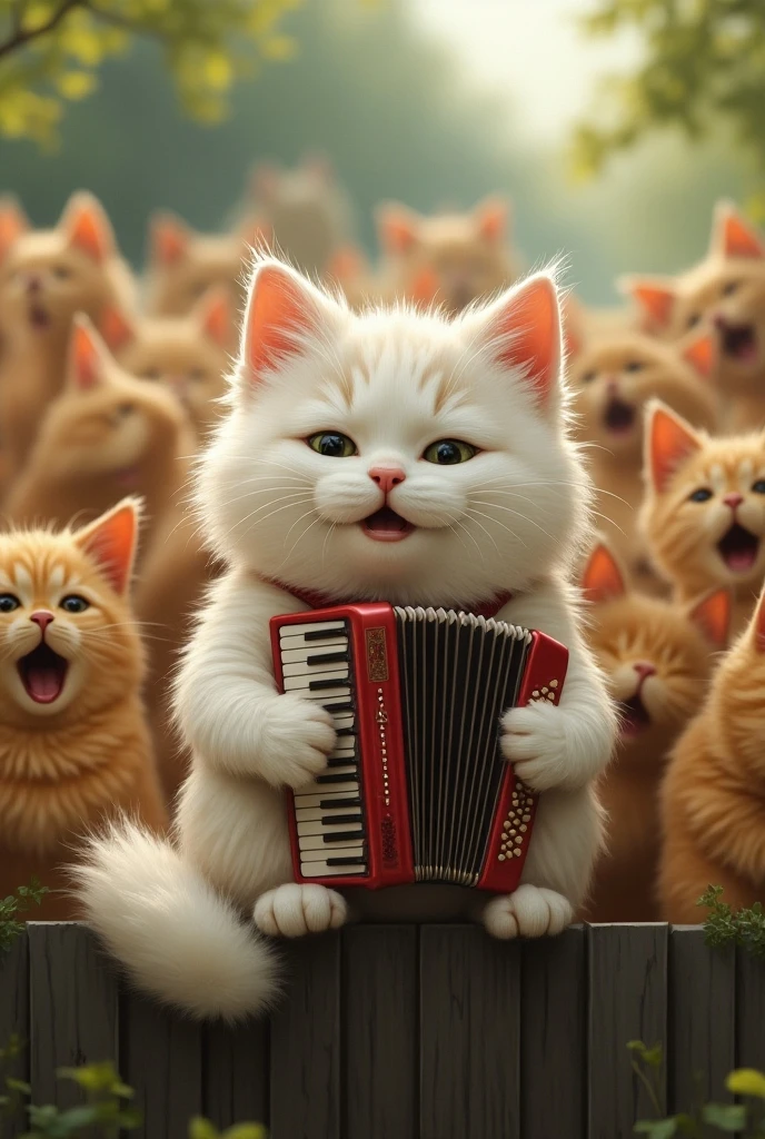 Grey Cat , sits and holds a Russian accordion in his hands , plays,  mouth slightly ajar , smiles,  On the fence around him, there are many street cats of different breeds and colors sitting on the fence, everyone opened their mouths singing cheerfully ,12K. masterpiece,  exceptional quality 