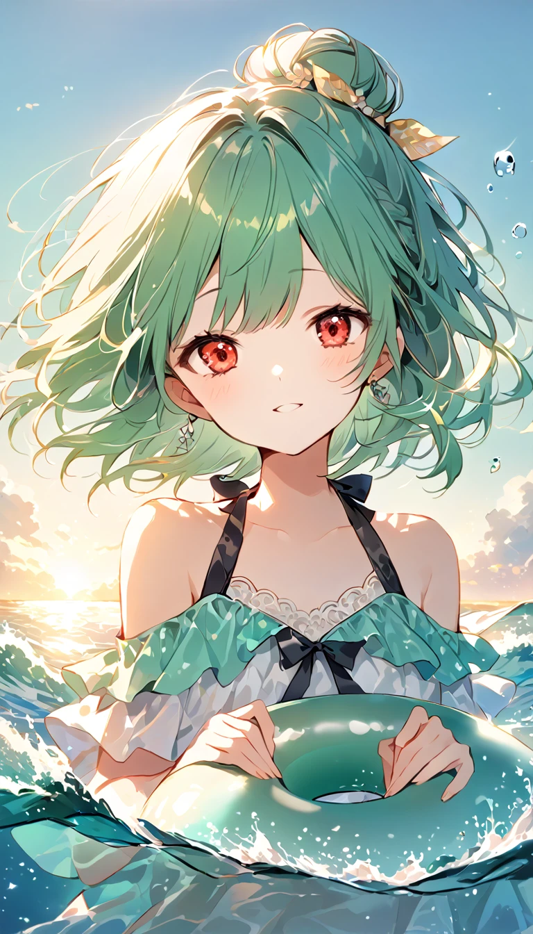 (((Young Girl)))、(( 1 girl)),( Red Eyes),（Short stature）,(Slanted Eyes),(( emerald green hair ))、( bun hair)、Young appearance、(( swimsuit))、In the water、One side of the sea、(((Girl ride on the innertube)))、Vector art、spirit of the wind、Backlight、Bright in backlight、Sun behind、Summer sky、cumulonimbus、Narrowed eyes and a happy look、cheek、The waves splash and the water shines beautifully.