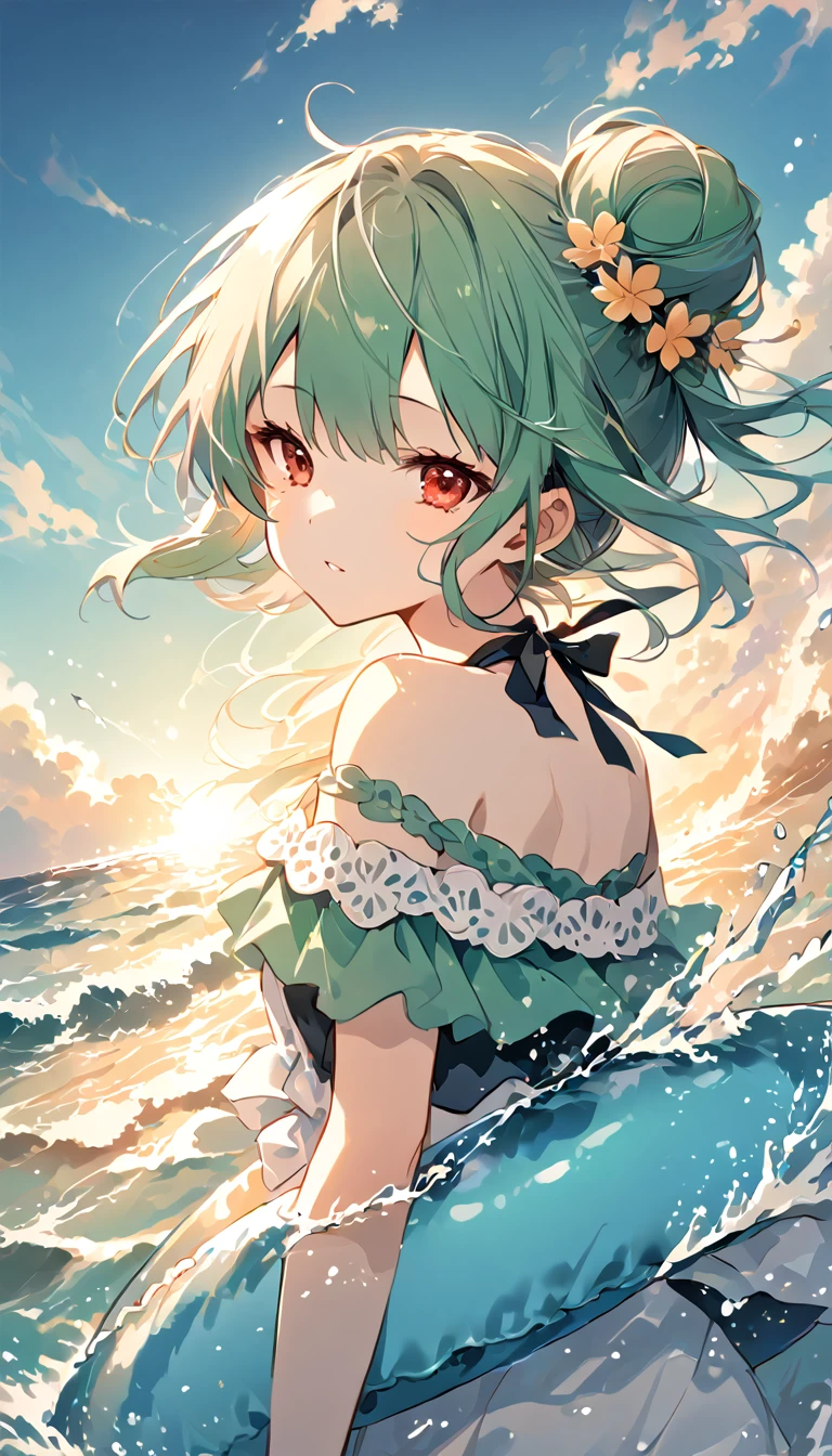 (((Young Girl)))、(( 1 girl)),( Red Eyes),（Short stature）,(Slanted Eyes),(( emerald green hair ))、( bun hair)、Young appearance、(( swimsuit))、In the water、One side of the sea、(((Girl ride on the innertube)))、Vector art、spirit of the wind、Backlight、Bright in backlight、Sun behind、Summer sky、cumulonimbus、Narrowed eyes and a happy look、cheek、The waves splash and the water shines beautifully.