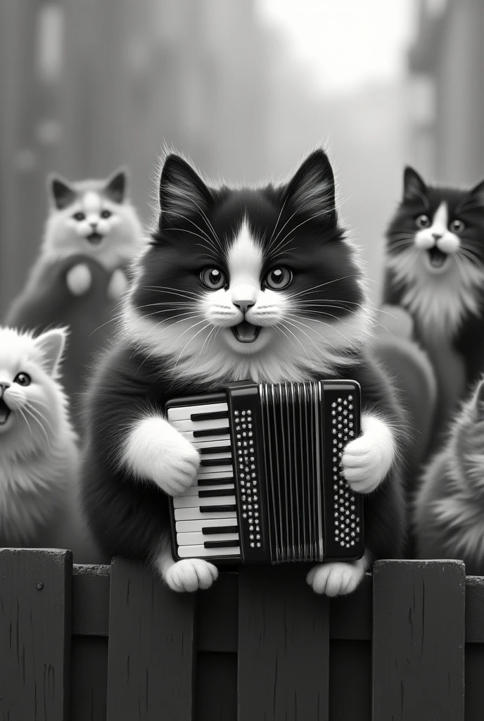 Grey Cat , sits and holds a Russian accordion in his hands , plays,  mouth slightly ajar , smiles,  On the fence around him, there are many street cats of different breeds and colors sitting on the fence, everyone opened their mouths singing cheerfully ,12K. masterpiece,  exceptional quality 