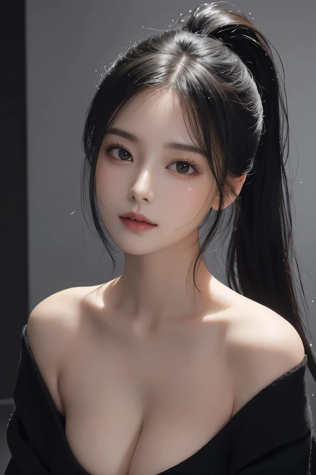 A slender woman, red glossy lips, (Extremely detailed beautiful face), (The sexiest look), (black suit:1.2), (best quality), (Super detailed), (Extremely detailed CG unified 8k wallpaper),original photo, Professional photography, (standing), (pure white background:1.5),(Model pose:1.2),(Long black ponytail hair:1.2),Show forehead,,(Expose cleavage),((STUDIO LIGHT:1.5)),(big eyes),(breast),high nose,(Front fill light 1.5),(Half-length photo:1.5)