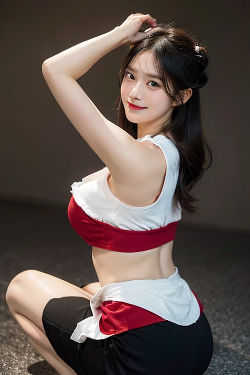 ((((8k))),((Extremely detailed CG)) ,(wallpaper),16k,((Very sophisticated and beautiful))，(((masterpiece))),(((highest quality))),(((超High resolution))),Beautiful lighting,Perfect Lightning,Realistic shadows,[High resolution],(Smooth and perfect white skin:1.5),(Pale skin:1.3),Extremely detailed facial details,(Perfect body:1.1),Super detailed,Beautiful woman,alone,Small Head,ponytail、(Medium Hair:1.5),Small face,Exquisite makeup,(Large Breasts,Small waist:1.1),slim,thin,Happy,(smile:1.0),(Thin legs:1.1),(whole body:1.1),(Gaunt:1.1 ), (Skinny:1.1),(Tight sailor suit,Close-fitting clothing,skindentation:1.4),((under boob:1.4)),((belly button:1.4)),((Plate skirt,Red short skirt:1.4))((Fleet Collection,Kantai Collection,Yao:1.2)),((from side:1.4))
