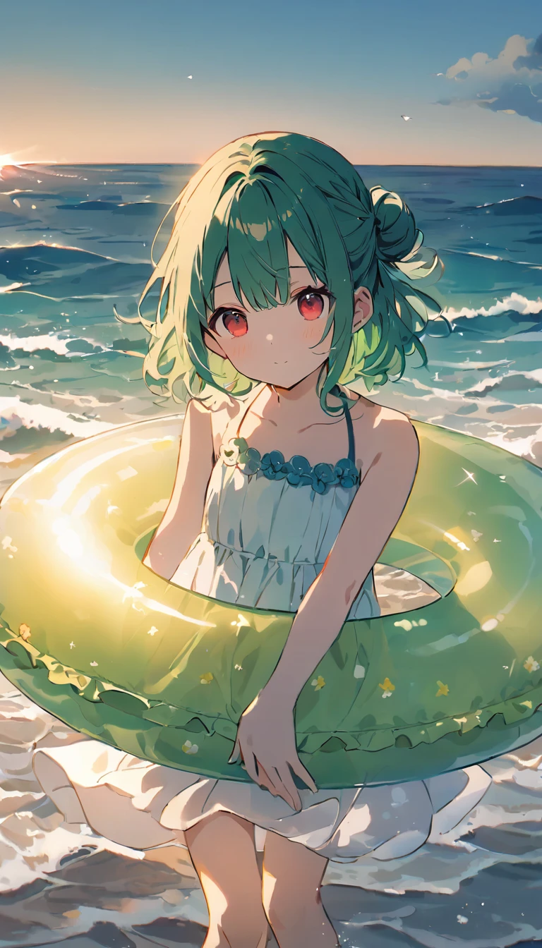 (((Young Girl)))、(( 1 girl)),( Red Eyes),（Short stature）,(Slanted Eyes),(( emerald green hair ))、( bun hair)、Young appearance、(( swimsuit))、In the water、One side of the sea、(((Girl ride on the innertube)))、Vector art、spirit of the wind、Backlight、Bright in backlight、Sun behind、Summer sky、cumulonimbus、Narrowed eyes and a happy look、cheek、The waves splash and the water shines beautifully.