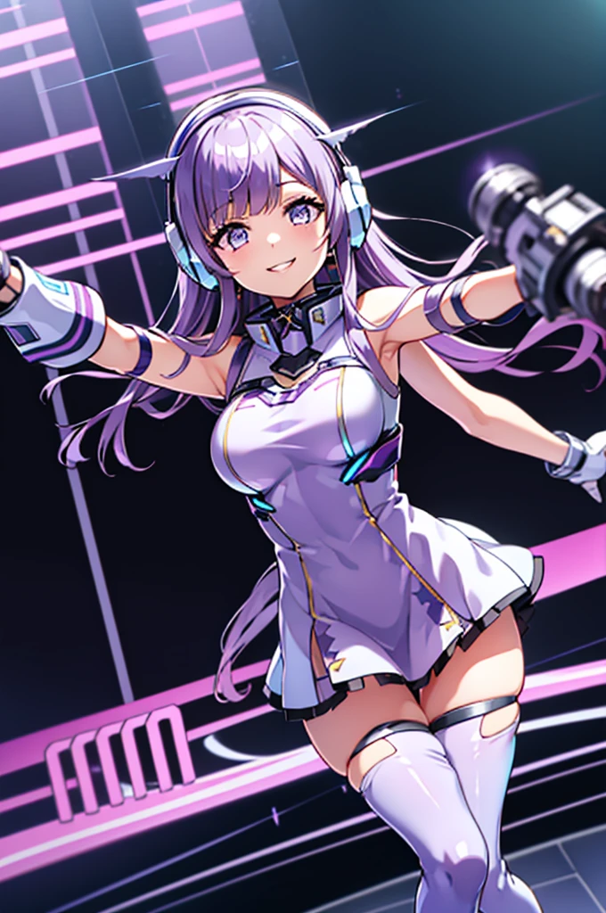  smiling、mecha wing、Thighs、tights、chest、shiny light purple hair 、 1 girl、 solo girl 、 headphones、idol dress、idol skirt、mecha girl、 white miniskirt 、I'm holding a beam rifle