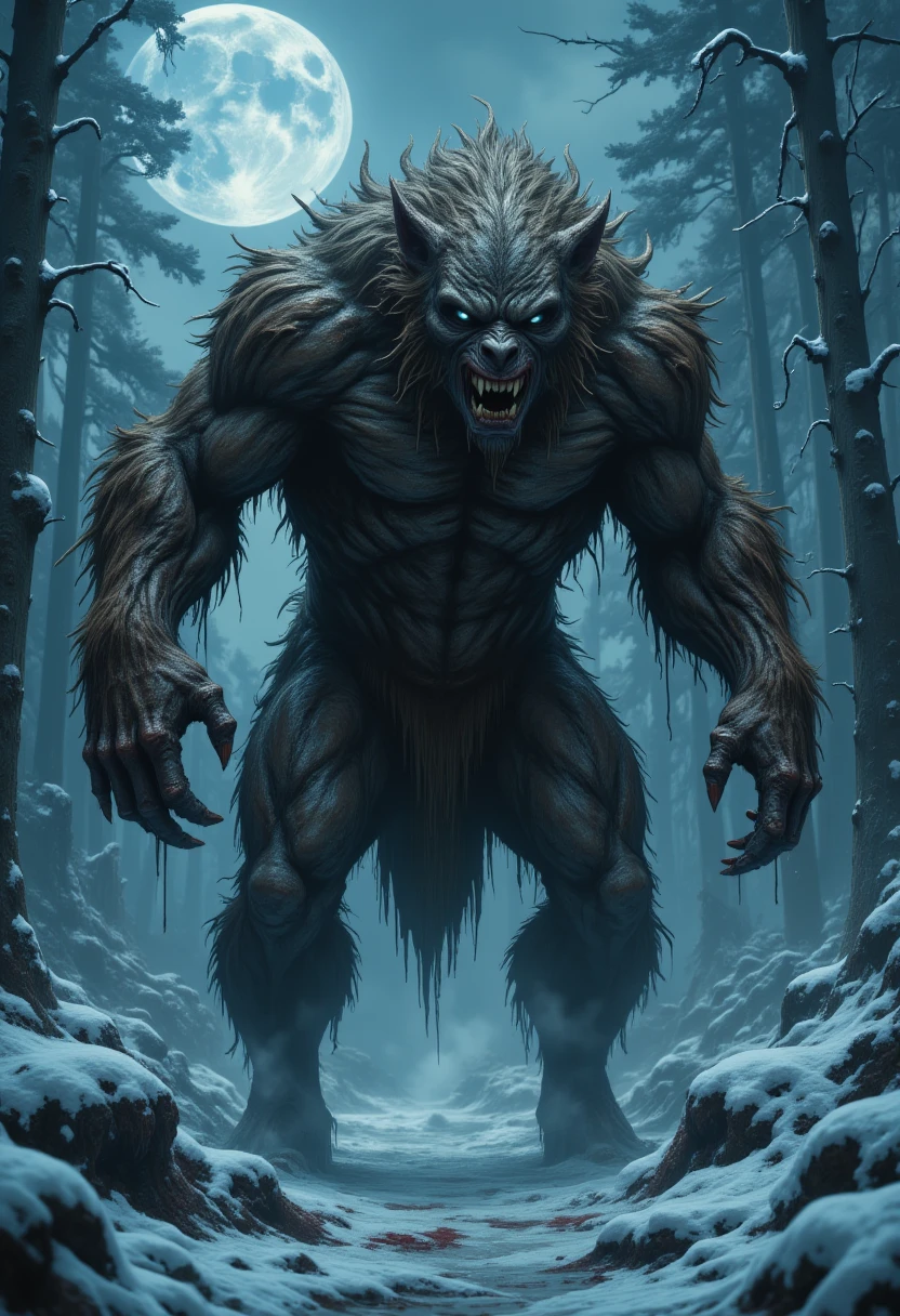 horror show, monster, nightmare, fear, Cinematic style
play of shadow and light, 
amazing quality, male, werewolf, thick brown fur, sharp claws, blue eyes, snowy, forest, bloody, epic pose, midnight, full moon, dof, cinematic composition, soft shadows, dramatic lighting, ral-wtrclr