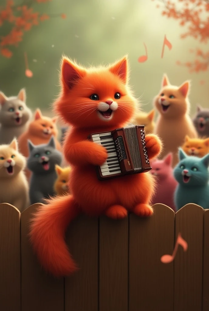 Grey Cat , sits and holds a Russian accordion in his hands , plays,  mouth slightly ajar , smiles,  On the fence around him, there are many street cats of different breeds and colors sitting on the fence, everyone opened their mouths singing cheerfully ,12K. masterpiece,  exceptional quality 