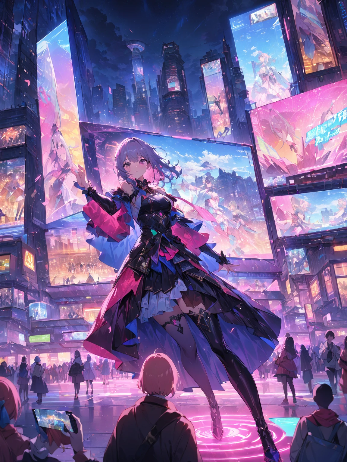 (highest quality, 4k, 8K high resolution, masterpiece:1.2), absurd, Highly detailed Illustration, professional photograph, an extremely delicate and beautiful, 

virtual idol, anime style, giant hologram projection on city street, Idols appearing on people's smartphones, AR fan service, idol performing with real buildings and cars, cityscape as stage, futuristic technology, vibrant colors, high detail, dynamic angles, dynamic pose, urban environment, augmented reality, holographic display, crowd of onlookers, interactive performance, night scene, neon lights, cinematic composition, detailed textures, high quality render,