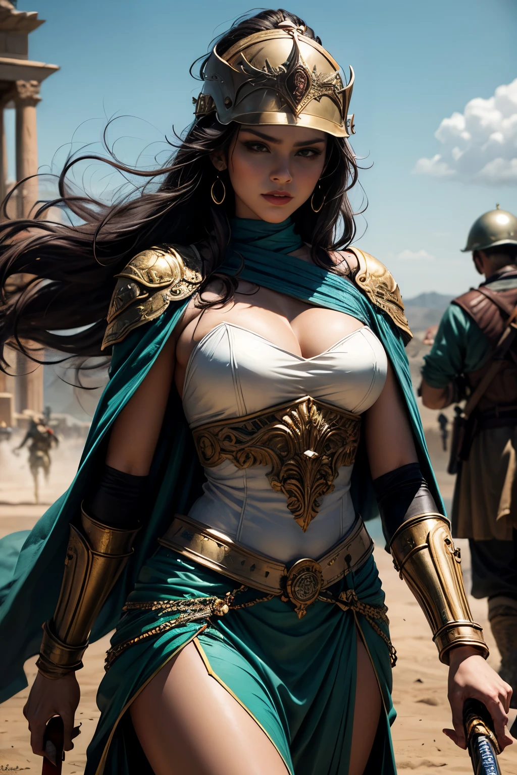Depict Queen Zenobia of Palmyra in a battle-ready attire on the battlefield. She wears a fitted, armored tunic made of reinforced leather, intricately designed with gold accents and symbols of her royal lineage. Her arms are protected by ornate bracers, and she has a flowing cape that billows behind her, displaying the colors of her kingdom. Zenobia wields a beautifully crafted sword with a jeweled hilt, radiating power and authority. Her helmet features elegant designs, framing her determined face, and her long hair flows freely beneath it. Surrounding her are the chaotic elements of battle, with soldiers clashing and the dust of the battlefield swirling, emphasizing her fierce leadership and bravery in the heat of combat.