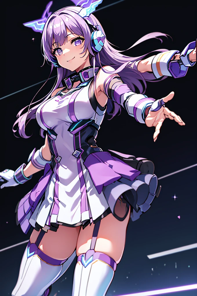  smiling、mecha wing、Thighs、tights、chest、shiny light purple hair 、 1 girl、 solo girl 、 headphones、idol dress、idol skirt、mecha girl、 white miniskirt 、I'm holding a beam rifle