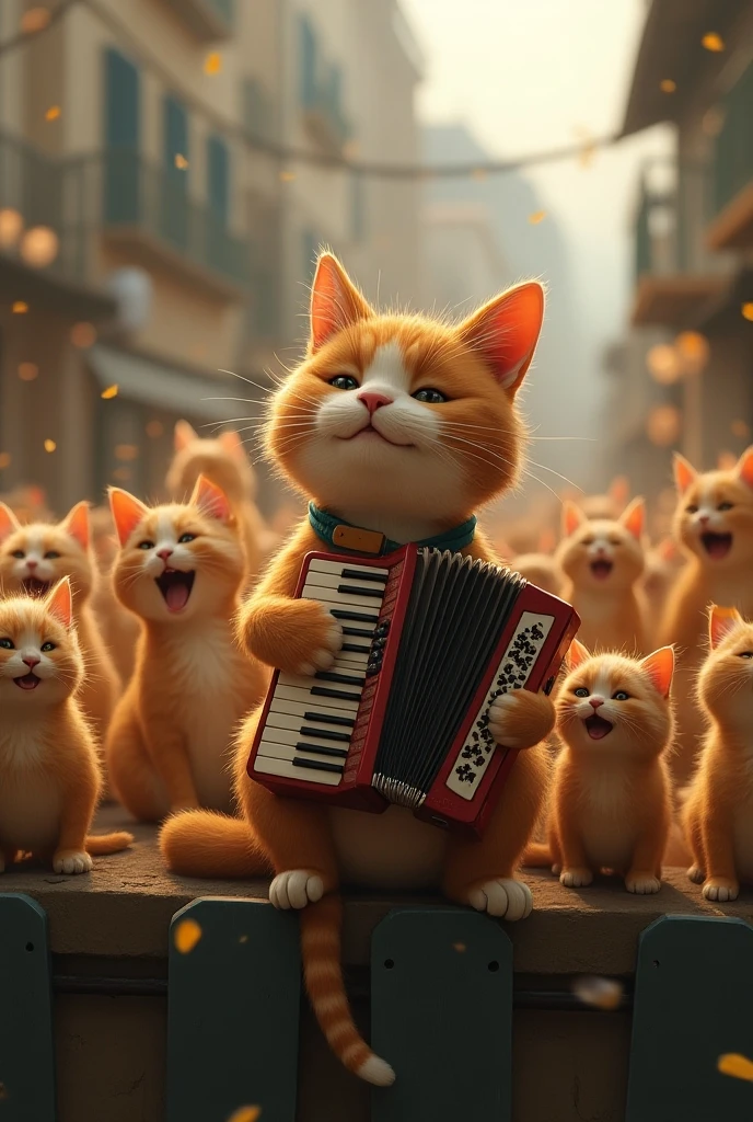 Grey Cat , sits and holds a Russian accordion in his hands , plays,  mouth slightly ajar , smiles,  On the fence around him, there are many street cats of different breeds and colors sitting on the fence, everyone opened their mouths singing cheerfully ,12K. masterpiece,  exceptional quality 