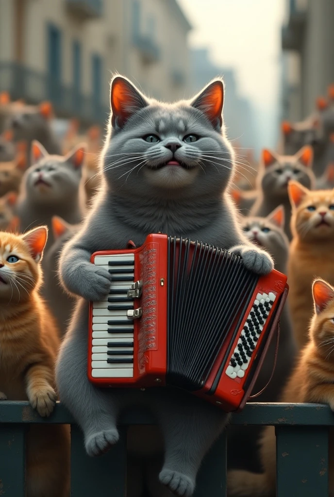 Grey Cat , sits and holds a Russian accordion in his hands , plays,  mouth slightly ajar , smiles,  On the fence around him, there are many street cats of different breeds and colors sitting on the fence, everyone opened their mouths singing cheerfully ,12K. masterpiece,  exceptional quality 