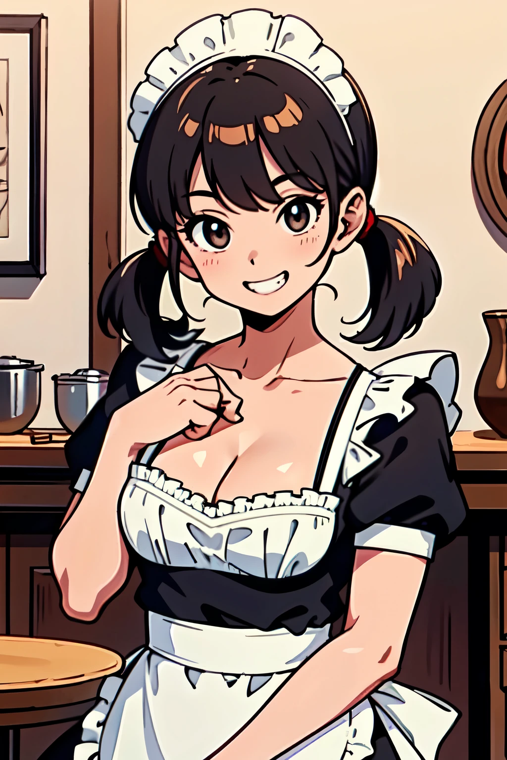 best quality, masterpiece, 1girl, grin, (upper body:1.3), low twintails hair with bangs, small breast, (apron, cleavage:1.2), hands down, cafe