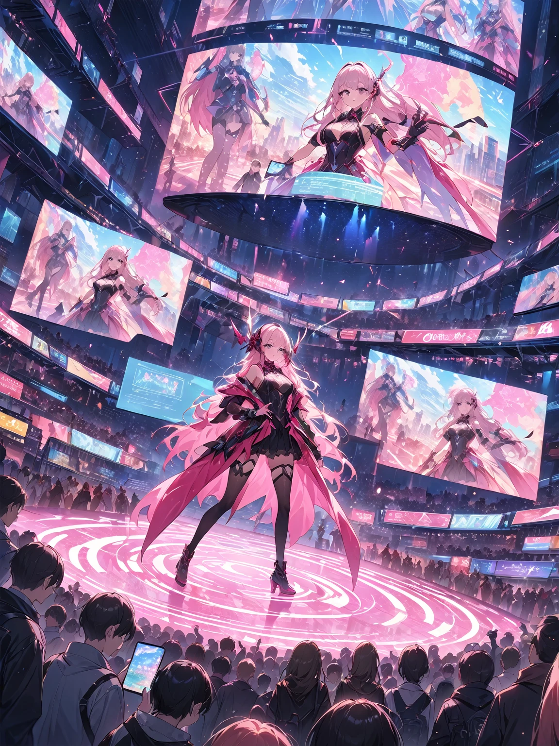 (highest quality, 4k, 8K high resolution, masterpiece:1.2), absurd, Highly detailed Illustration, professional photograph, an extremely delicate and beautiful, 

virtual idol, anime style, giant hologram projection on city street, Idols appearing on people's smartphones, AR, cityscape as stage, futuristic technology, vibrant colors, high detail, dynamic angles, dynamic pose, urban environment, augmented reality, holographic display, crowd of onlookers, interactive performance, night scene, neon lights, cinematic composition, detailed textures, high quality render,