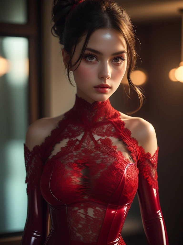 a beautiful brunette woman with an updo hairstyle wearing a very sheer metallic swimsuit in a vivid latex, 4k, (masterpiece:1.3), (photorealistic:1.37), (a fashion model, 22 years old), ((glamour, paparazzi photographing her), sharp focus:1.2, very thin, slim waist, slender, highly detailed face and skin texture, detailed eyes (red lacy latex:1.25), ((latex bodysuit with purple lace)), ((intricate detailed multi-layer bodysuit lacy))), ((red lace-like shiny:1.81)), (raytracing), (glowing light), (bright dark makeup [[pink lipstick]], eyeliner:1.3), ((looking at the viewer)), (big full breasts), attention to detail, double eyelids, wearing an off-shoulder top, full-body lesbian (1 girl), professional lighting, (radiant skin:1.2), glossy large, 22 years old, clear, mature, cool, and a beautiful face, detailed, realist, hd, masterpiece, unique image, photorealistic, extremely detailed face and eyes, beautiful detailed facial features, long lashes, hyper realistic, volumetric lighting, cinematic lighting, dramatic lighting, highly detailed, intricate details, sharp focus, vibrant colors, dynamic pose, elegant, graceful, serene, nevertheless, glowing skin, flawless skin, mesmerizing, captivating