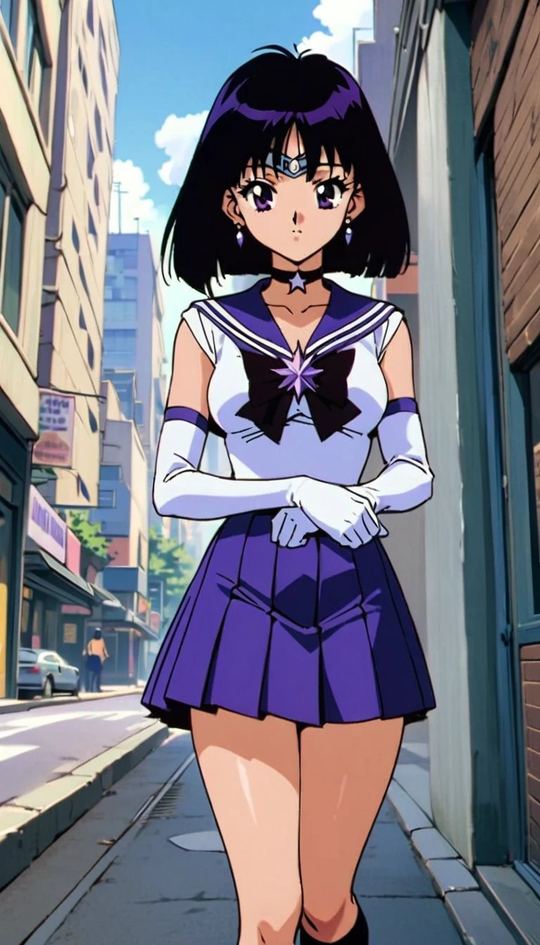 masterpiece,Best Quality, very aesthetic,Absurd,Sailor Saturn XL,1990s \( style \), 1 girl,Alone, Sailor Warrior Uniform, jewelry,skirt, choker,star  choker,Sailor collar,bow,brooch,star brooch,purple Sailor collar,purple skirt,Gloves, tiara , short hair,white Gloves, earrings for a woman alone,elbow Gloves, Black Hair , purple eyes,pleated skirt,city,Outdoor, Knight ,Stretch your arms out, ,