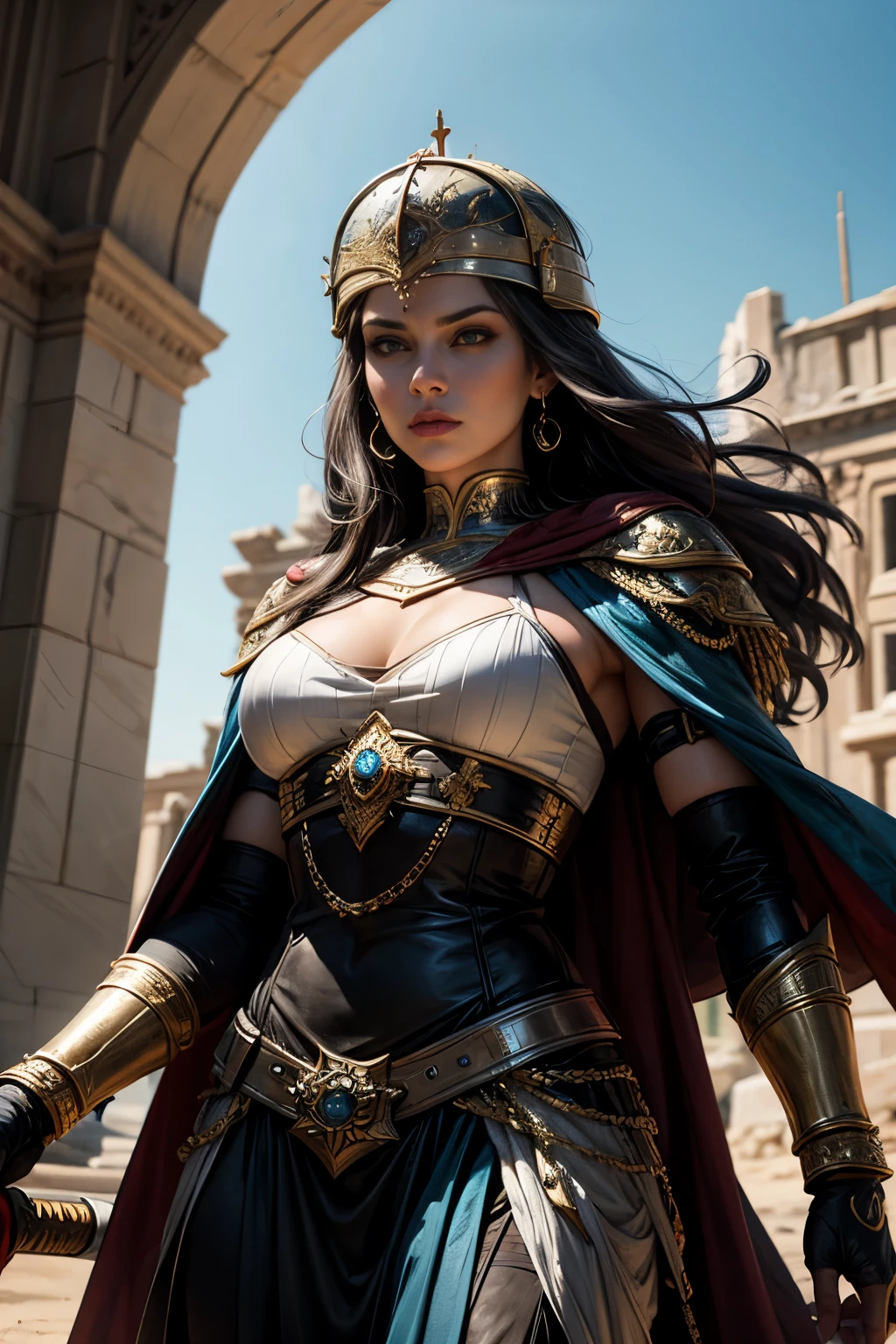 Depict Queen Zenobia of Palmyra in a battle-ready attire on the battlefield. She wears a fitted, armored tunic made of reinforced leather, intricately designed with gold accents and symbols of her royal lineage. Her arms are protected by ornate bracers, and she has a flowing cape that billows behind her, displaying the colors of her kingdom. Zenobia wields a beautifully crafted sword with a jeweled hilt, radiating power and authority. Her helmet features elegant designs, framing her determined face, and her long hair flows freely beneath it. Surrounding her are the chaotic elements of battle, with soldiers clashing and the dust of the battlefield swirling, emphasizing her fierce leadership and bravery in the heat of combat.