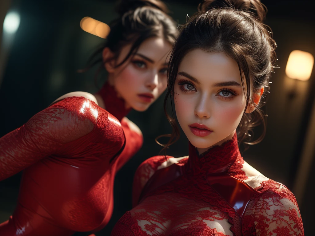 a beautiful brunette woman with an updo hairstyle wearing a very sheer metallic swimsuit in a vivid latex, 4k, (masterpiece:1.3), (photorealistic:1.37), (a fashion model, 22 years old), ((glamour, paparazzi photographing her), sharp focus:1.2, very thin, slim waist, slender, highly detailed face and skin texture, detailed eyes (red lacy latex:1.25), ((latex bodysuit with purple lace)), ((intricate detailed multi-layer bodysuit lacy))), ((red lace-like shiny:1.81)), (raytracing), (glowing light), (bright dark makeup [[pink lipstick]], eyeliner:1.3), ((looking at the viewer)), (big full breasts), attention to detail, double eyelids, wearing an off-shoulder top, full-body lesbian (1 girl), professional lighting, (radiant skin:1.2), glossy large, 22 years old, clear, mature, cool, and a beautiful face, detailed, realist, hd, masterpiece, unique image, photorealistic, extremely detailed face and eyes, beautiful detailed facial features, long lashes, hyper realistic, volumetric lighting, cinematic lighting, dramatic lighting, highly detailed, intricate details, sharp focus, vibrant colors, dynamic pose, elegant, graceful, serene, nevertheless, glowing skin, flawless skin, mesmerizing, captivating