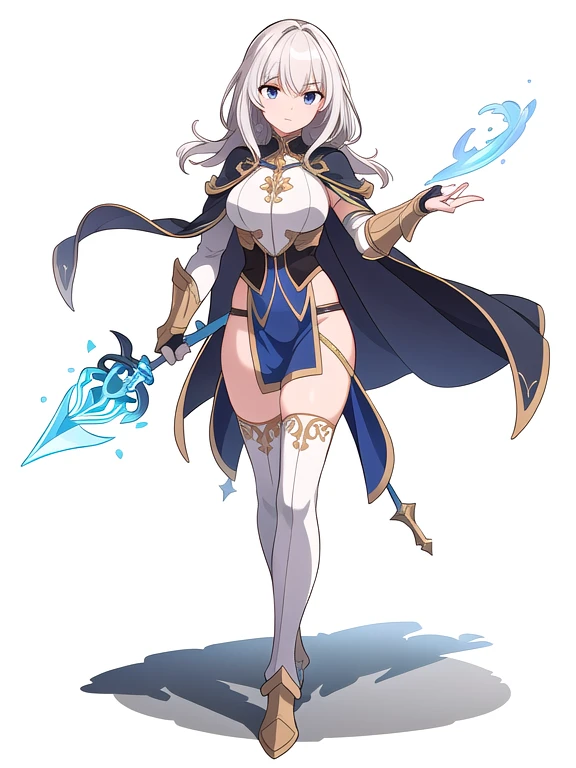 (((Best Quality))) , ((full body)), female, reference sheet, solo, (white background), holding staff, gauntlets, robe, thigh high, loin cloth only, cloak, thong, blue theme,
