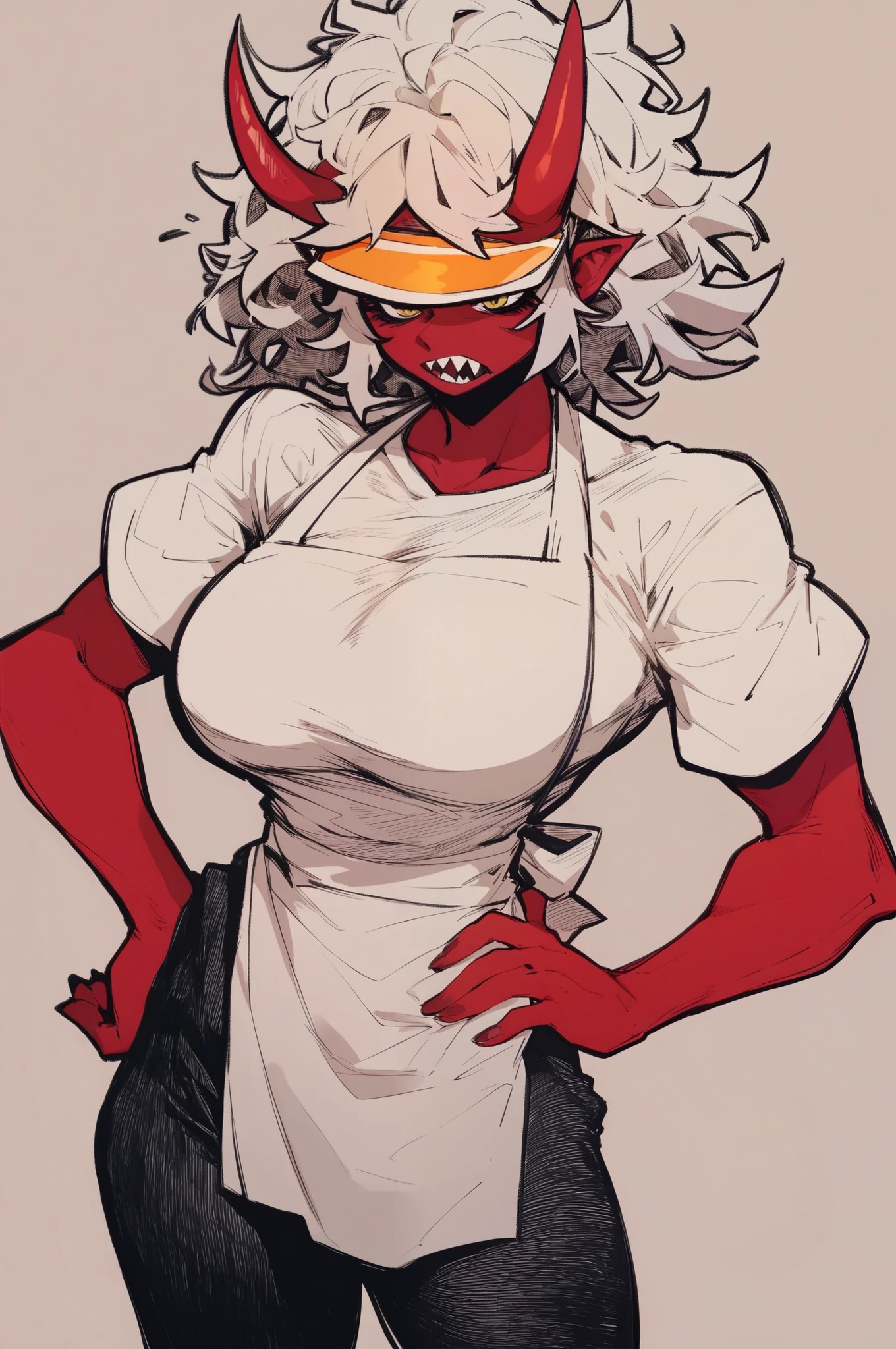 score_9, score_8_up. score_7_up, 
1girl, oni, red skin, horns, large breasts, white shirt, apron, bakery background, tired eyes, annoyed expression, sharp teeth, messy white hair, yellow eyes, one hand on hip, sports visor, black pants