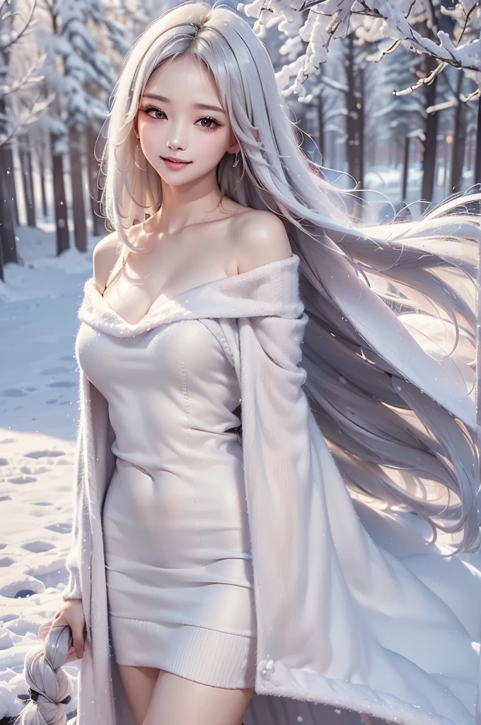 ((masterpiece:1.5、8k、Portraiture、Photorealistic and very detailed CG、Very detailed、Particle Effects、Dynamic Effects、Shallow depth of field、Cinematic Light、Lens flare、Ray Tracing、Tabletop、Realistic:1.4、Ultra-high resolution:1.2、Realistic、Realistic))((alone、,A woman wearing a cashmere coat:1.4、off shoulder knit sweater, Elegant woman posing、Detailed face、brightexpression、young, bright, Whiter skin、Ample breasts、Best Looks、Ultimate beauty、Shiny silver hair with highlights、bright and shiny hair,、Super long, Silky straight hair、Hair dancing in the wind))(morning、The setting is outdoors in the snow、Surrounded by illuminations). winter girl. face:sweet girl.
