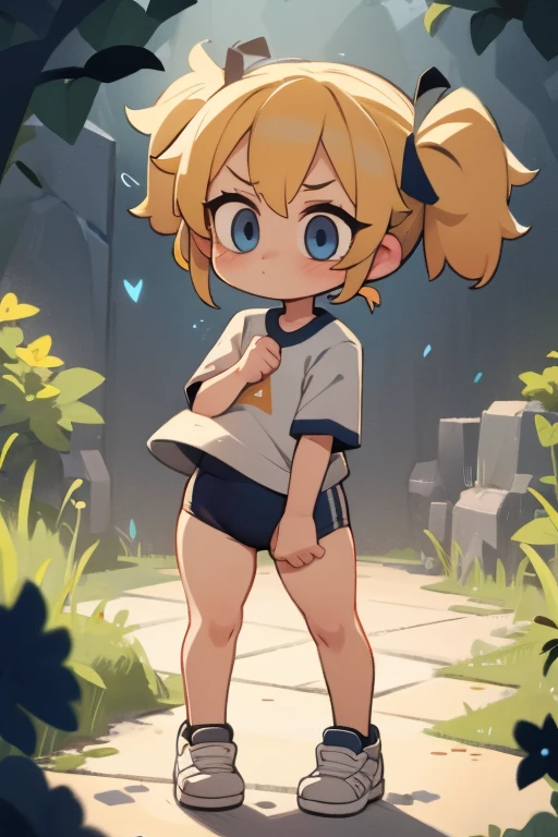 Background is in a dark cave、Beautiful girl wearing black high leg lacing bloomers、chiquita、10yaers old、highleg、A sexy、Blonde twintails、Black athletic shoes、Standing at the front、looking at the viewer with a worried look、Bare thighs、highleg、Blue eyes、Solo、Short length shirt、Umbilical ejection