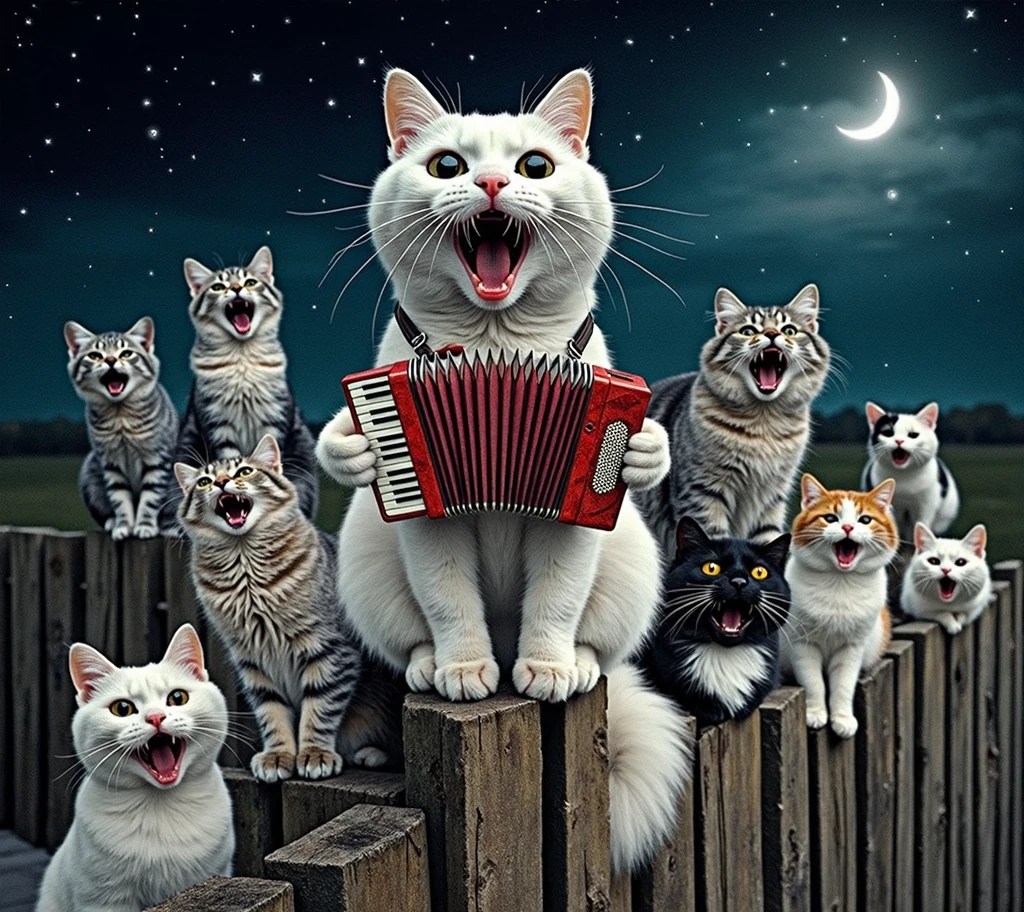 Grey Cat , sits and holds a Russian accordion in his hands , plays,  mouth slightly ajar , smiles,  On the fence around him, there are many street cats of different breeds and colors sitting on the fence, everyone opened their mouths singing cheerfully ,12K. masterpiece,  exceptional quality 