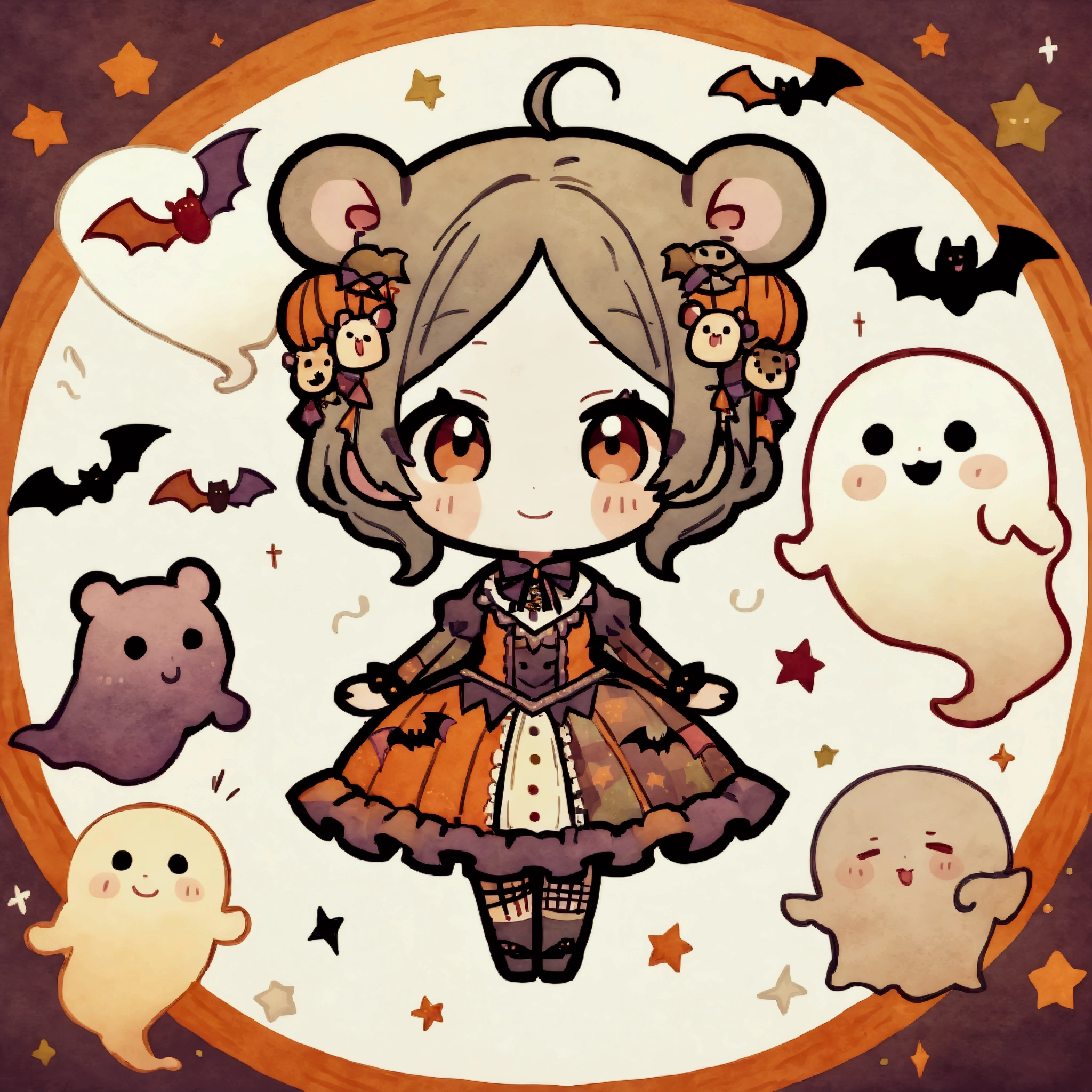 handicraft artwork,patchwork,cloth,button,Felt fabric,Embroidery thread,Handicrafts with a warm and gentle atmosphere,(Halloween,A girl dressed up as a hamster smiles,Chibi, full body,ghost silhouette,Bats),A dream-like sight,rustic colors,intricate details,artwork,Three-dimensional