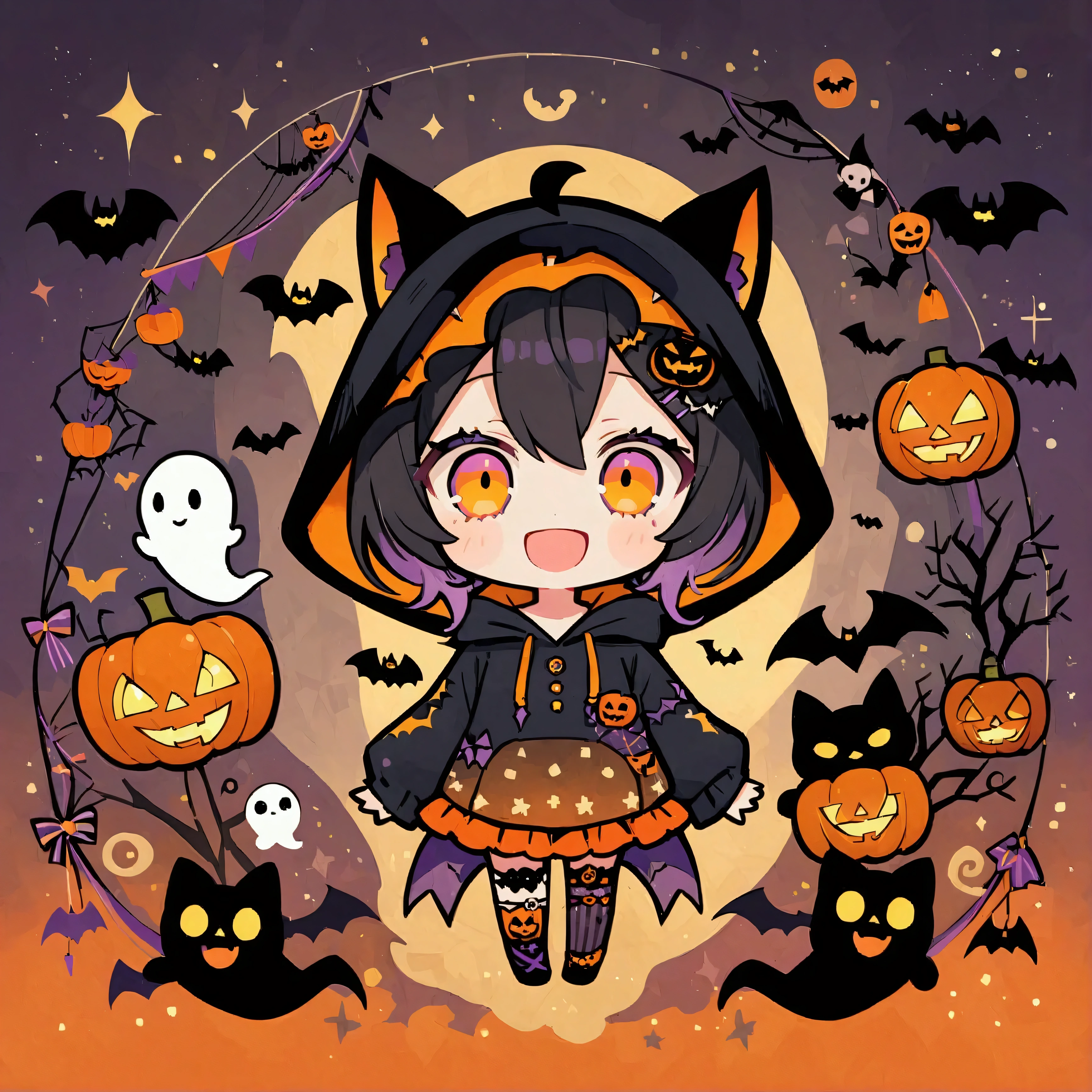 handicraft artwork,patchwork,cloth,button,Felt fabric,Embroidery thread,Handicrafts with a warm and gentle atmosphere,(Halloween,A girl wearing a hooded hoodie with black cat ears laughs,Chibi, full body, pumpkin,ghost silhouette,Bats),A dream-like sight,rustic colors,intricate details,artwork,Three-dimensional