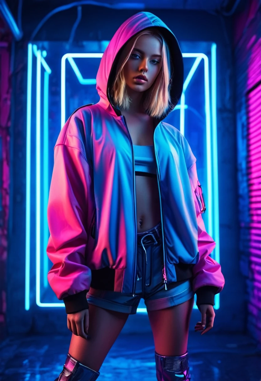 illustration, best quality, close-up, 1girl, full body,blonde hair, hooded jacket, serious expression, vibrant neon colors, abstract background, blue and pink lighting, dynamic composition, streetwear style, futuristic vibe, bold color contrast, cyberpunk atmosphere, strong shadows, intense and edgy mood