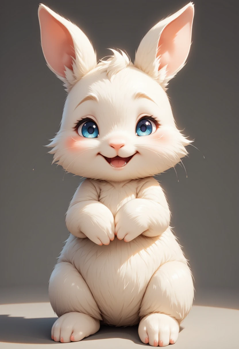 A chubby, happy baby rabbit with beautiful blue eyes, realistic and fluffy, adorable, energetic, soothing