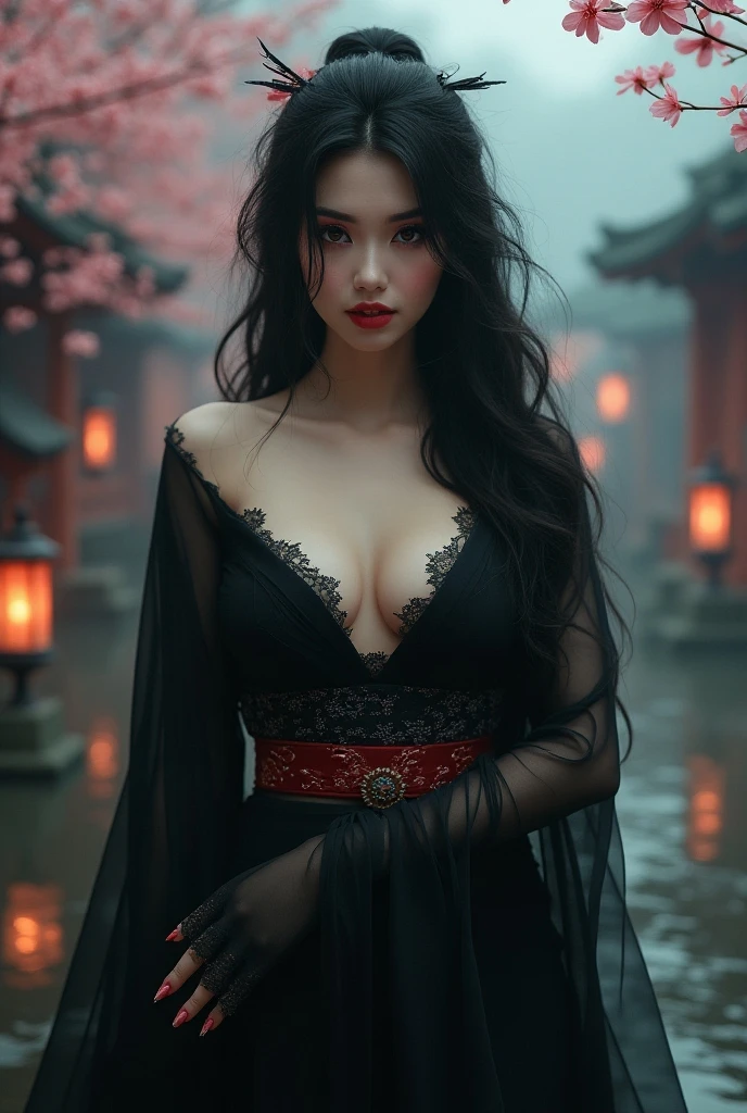 A female , Hourglass Body, in a snowy Climate, long And Tangled hair, red eyes, Wears Silky Black Gown, Primal Setting, Jungle ruins Back ground, HD, Ultra Scenery, Vivid lighting.