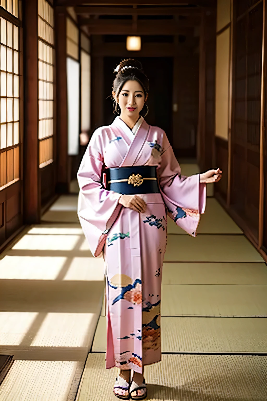the empress of Japan during the Sengoku period ,Age 35, model body type,Big Breasts, is leggy, in the large hall inside the castle, wearing a kimono with a picture of a dragon on it {x} Wearing a gorgeous kimono , standing in a large hall inside a Japanese castle ,god々Standing still,