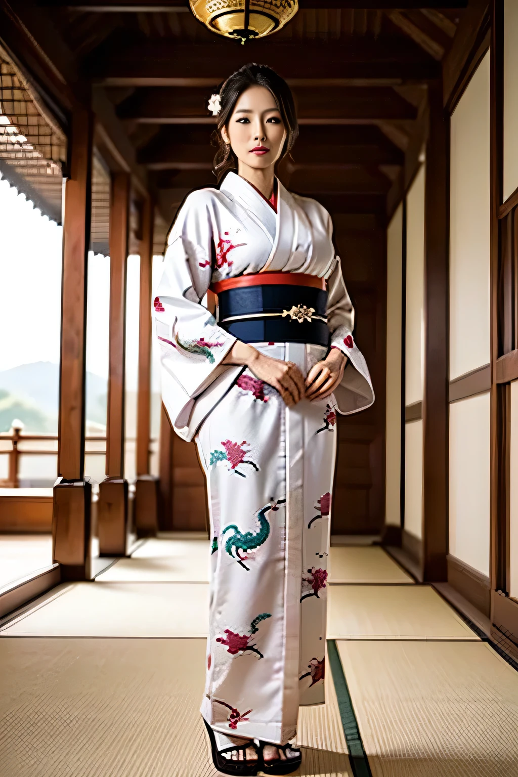   the empress of Japan during the Sengoku period  ,Age 35, model body type,Big Breasts,  is leggy, in the large hall inside the castle,  wearing a kimono with a picture of a dragon on it {x} Wearing a gorgeous kimono ,  standing in a large hall inside a Japanese castle ,god々Standing still,