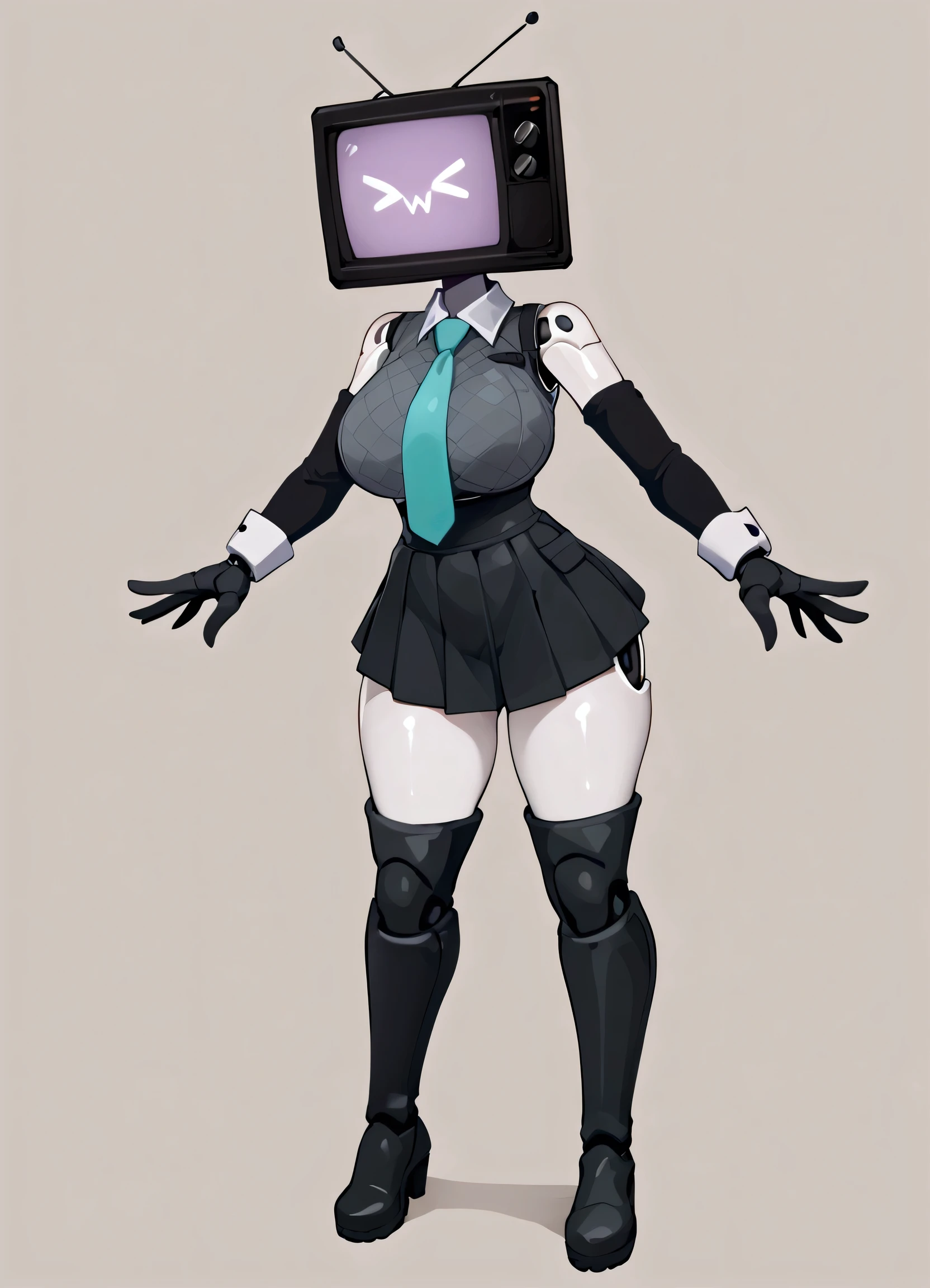 ((masterpiece, best quality)), (8k, best quality), (((best quality))), 1girl, full body, solo, white skin, humanoid Tv woman, TV head with a glowing purple screen, human body, hatsunemikucosplay, black gloves, robot girl, tvwoman, tv head, robot girl, tvwoman, tv head, score_9, score_8_up, score_7_up, score_6_up, score_5_up, score_4_up, ( anime_source ), TV head with a glowing purple screen, >w< expression, tight-fitting, athletic build, thick thighs, toned body, strong legs, defined hips, black and white jumpsuit with blue ballerinas, tight-fitting, TV head, sexy, dynamic pose, standing, curvy body, huge breasts, thick thighs, wide hips, good waist, single, big breasts, thick thighs, good waist, wide hips, good quality, sexy, robot girl, tvwoman, hatsunemikucosplay, aqua necktie, black footwear, black skirt, black sleeves, boots, collared shirt, detached sleeves, grey shirt, necktie, pleated skirt, sleeveless shirt, thigh boots, tie clip, 