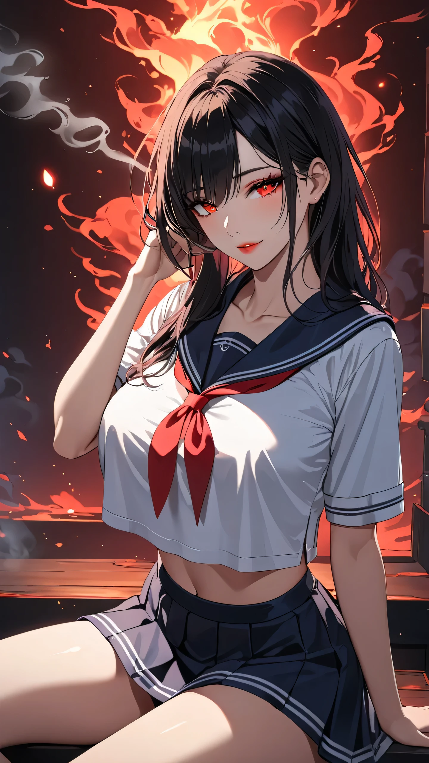 Highest quality masterpiece High resolution masterpiece, black messy hair, middle parted hair red glowing Eyes, seductive lips, teasing smile, , make up, glowing, beautiful, sit,lower eyeliner, darkness aura, adjusting hair , big breast, crop top overhang, kiss able lips, smoke, sailor uniform
