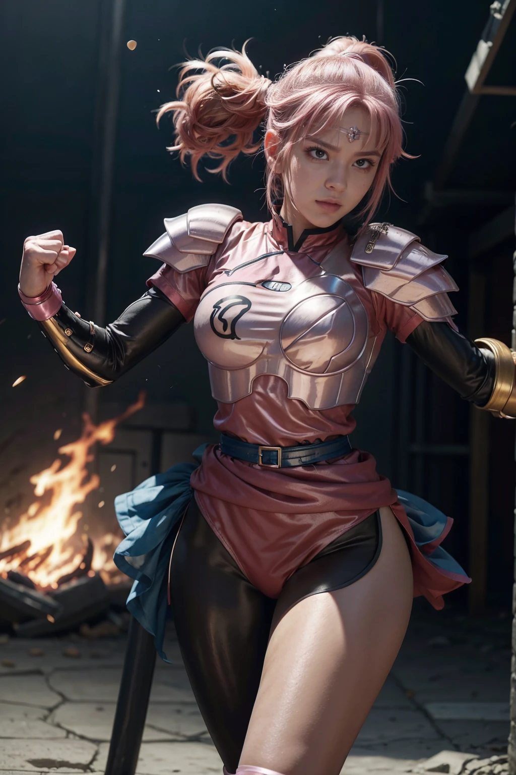  Anime Artwork　 Anime Artwork傑作,Best Quality,   Unreal Engine , Ultraless,  Extremely Detailed
round bust ,  medium bust
One girl ,  Waist, slender,(Muscular:0.9)
 heroine, 
 circlet,  wear pink armor, Pink Hair,  short hair, Asymmetrical clothing,  leotard, belt, single glove, Single sleeve , Thigh High Socks Cave, Fight with your fists  .  anime style,  Key Visual , Vibrant,  studio animation ,   high definition.Engulfed in flames、Martial artist、